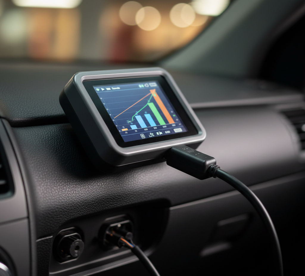 کلوزآپ دستگاه OBD-II متصل به خودرو برای عیب‌یابی اولیه در محل