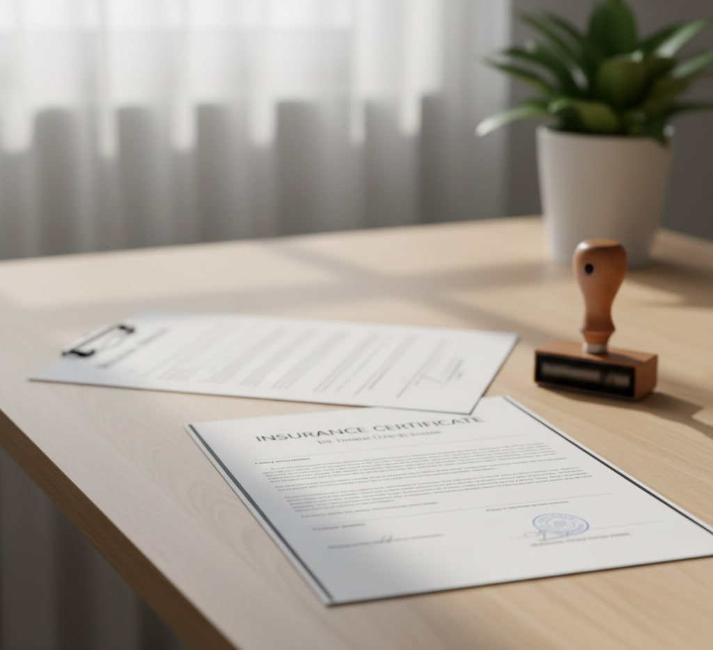 مدارک مجوز و بیمه‌نامه با اطلاعات محو شده روی میز کار