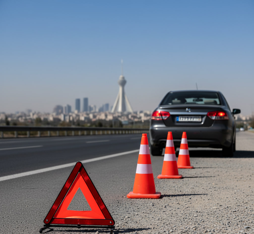 مثلث خطر و تجهیزات ایمنی پشت خودروی متوقف کنار بزرگراه در تهران