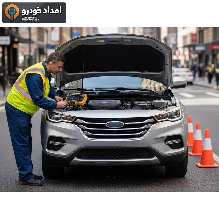 بررسی موتور و سیستم برق فیدلیتی توسط مکانیک سیار در کنار خیابان