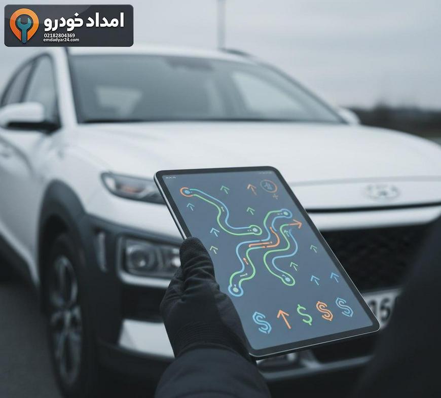 تکنسین در حال بررسی هزینه پایه و مسیر روی تبلت بدون نمایش متن