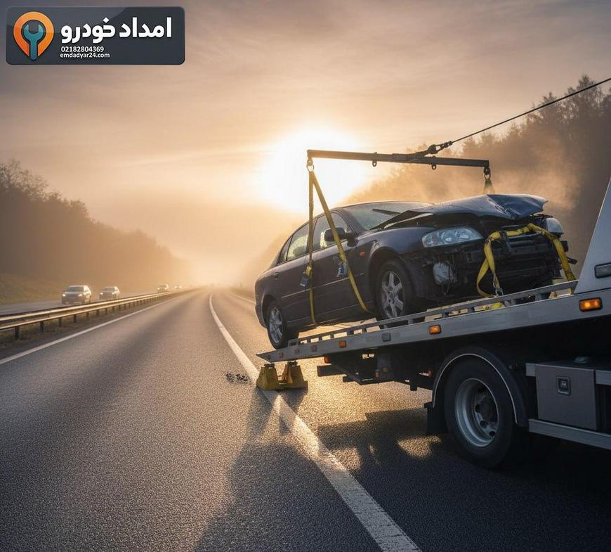 بارگیری خودرو روی کفی‌بر در شانه راست با تسمه مهار