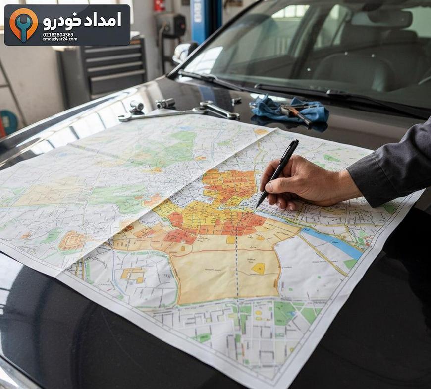 نقشه ساده محدوده پوشش امداد خودرو شرق تهران با نمایش محله‌ها