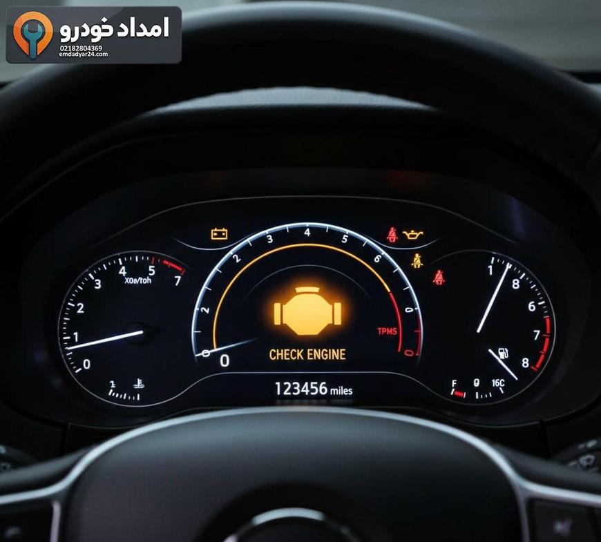 نمای نزدیک از داشبورد و چراغ چک موتور روشن در ام وی ام X22