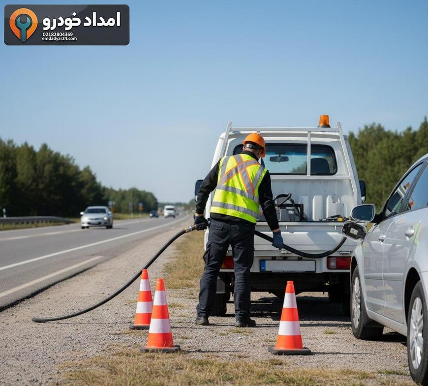 تکنسین سوخت رسان با جلیقه ایمنی در حال آماده کردن شلنگ سوخت کنار خودرو