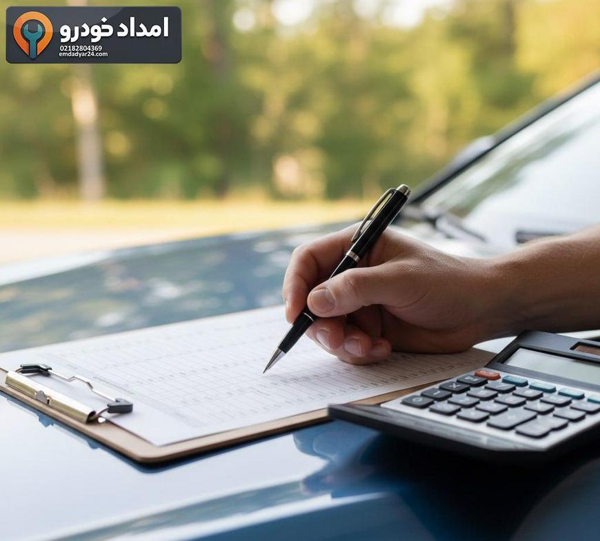 نمای نزدیک از ماشین حساب و جدول دستنویس تعرفه امداد خودرو