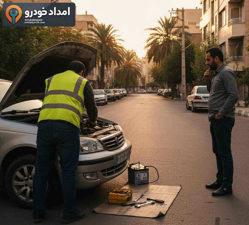 تکنسین در حال تعویض باتری خودرو در محل با توضیح هزینه به راننده