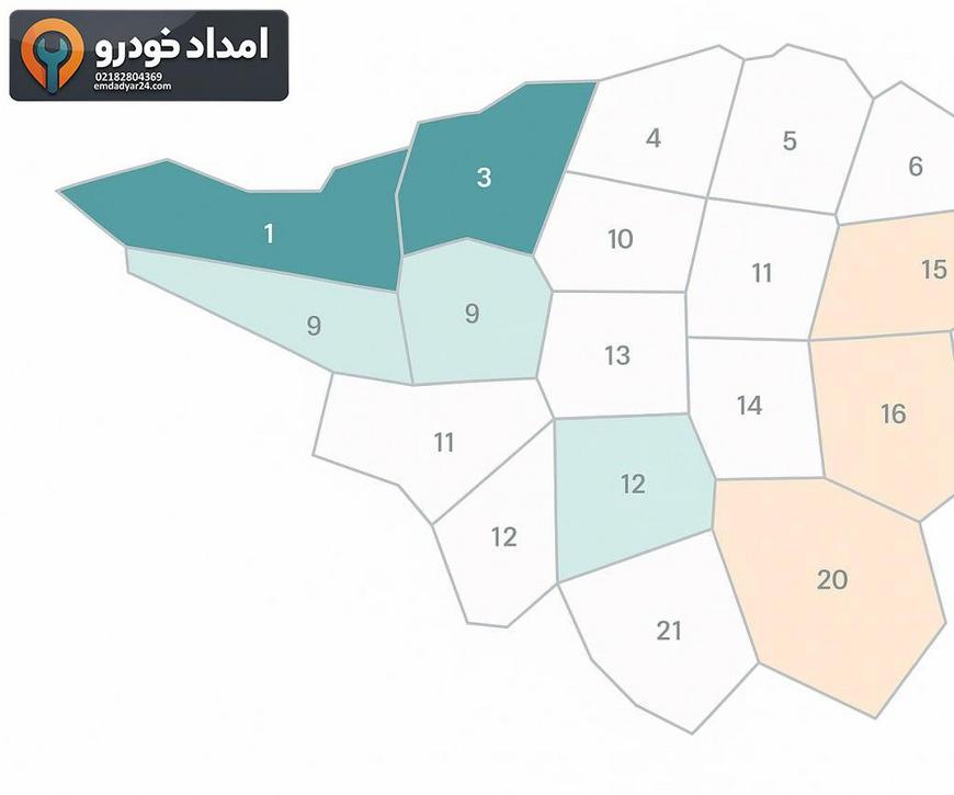 نقشه پوشش امداد خودرو تهران توسط امدادیار۲۴