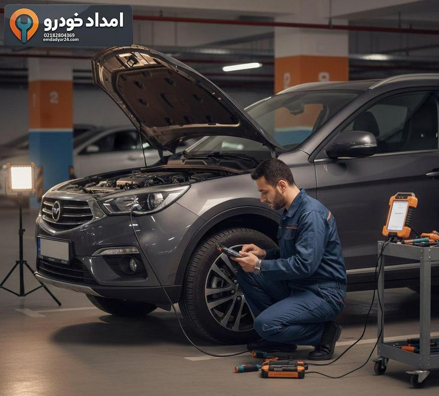 مکانیک سیار بهمن موتور در حال عیب‌یابی خودروی بهمن با دستگاه دیاگ در محل