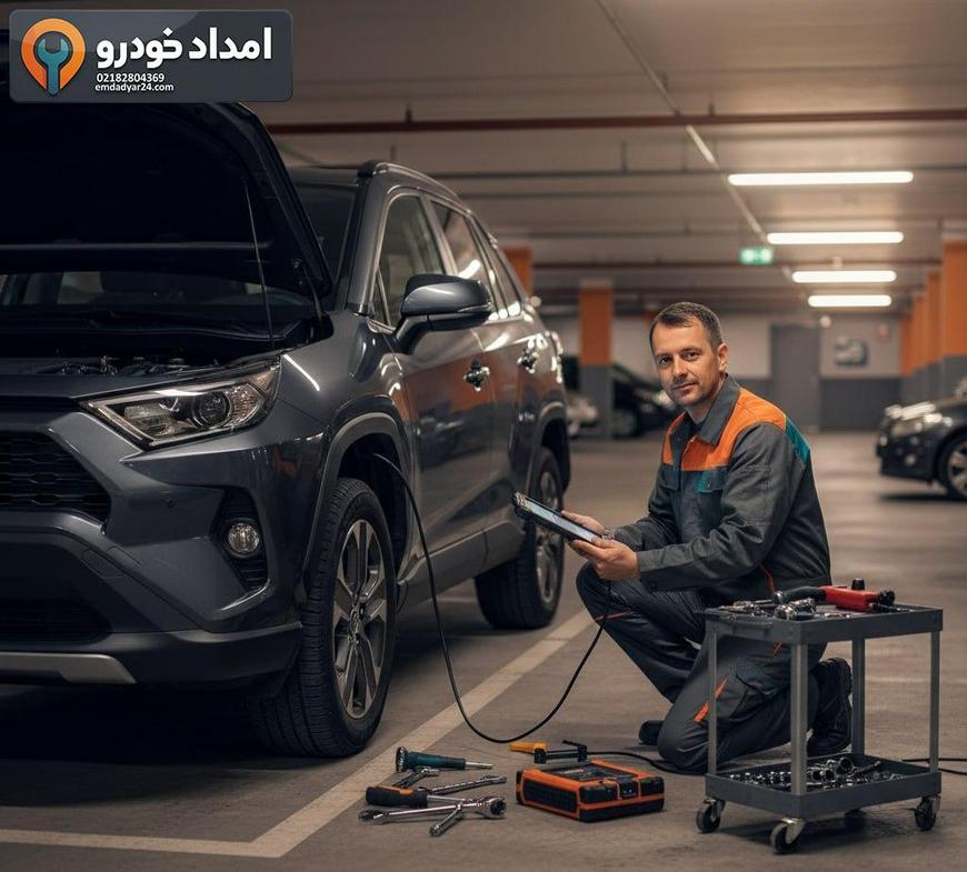 مکانیک سیار تویوتا در حال بررسی فنی خودرو در محل در تهران