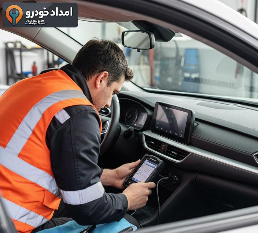 تکنسین در حال اتصال دستگاه دیاگ به جک J7 برای عیب‌یابی