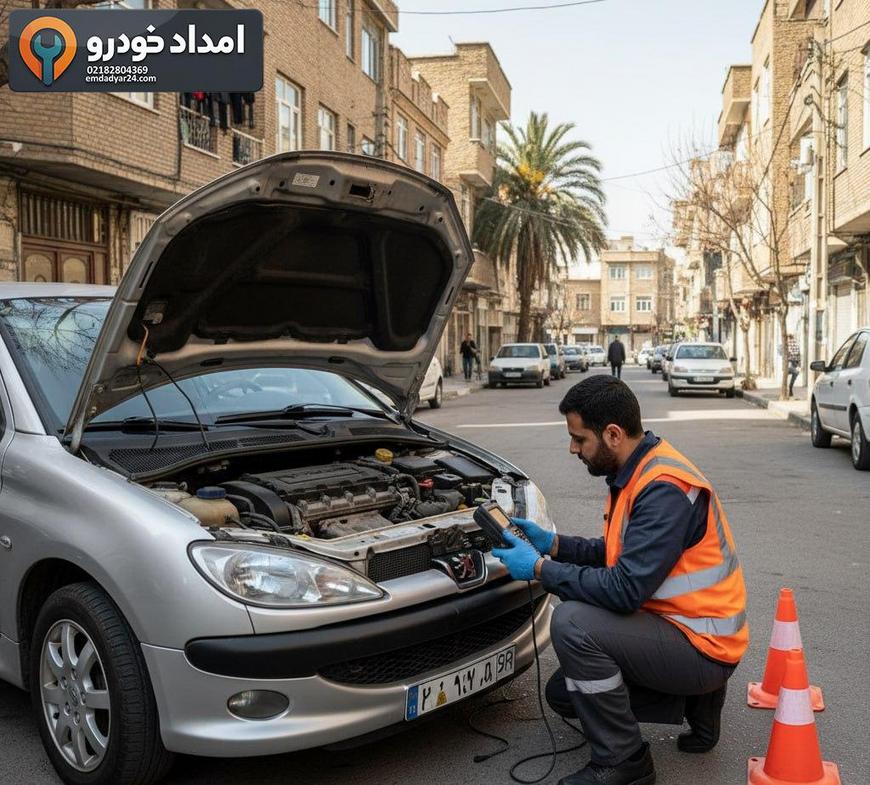 مکانیک سیار در حال عیب‌یابی موتور پژو 206 با دستگاه دیاگ