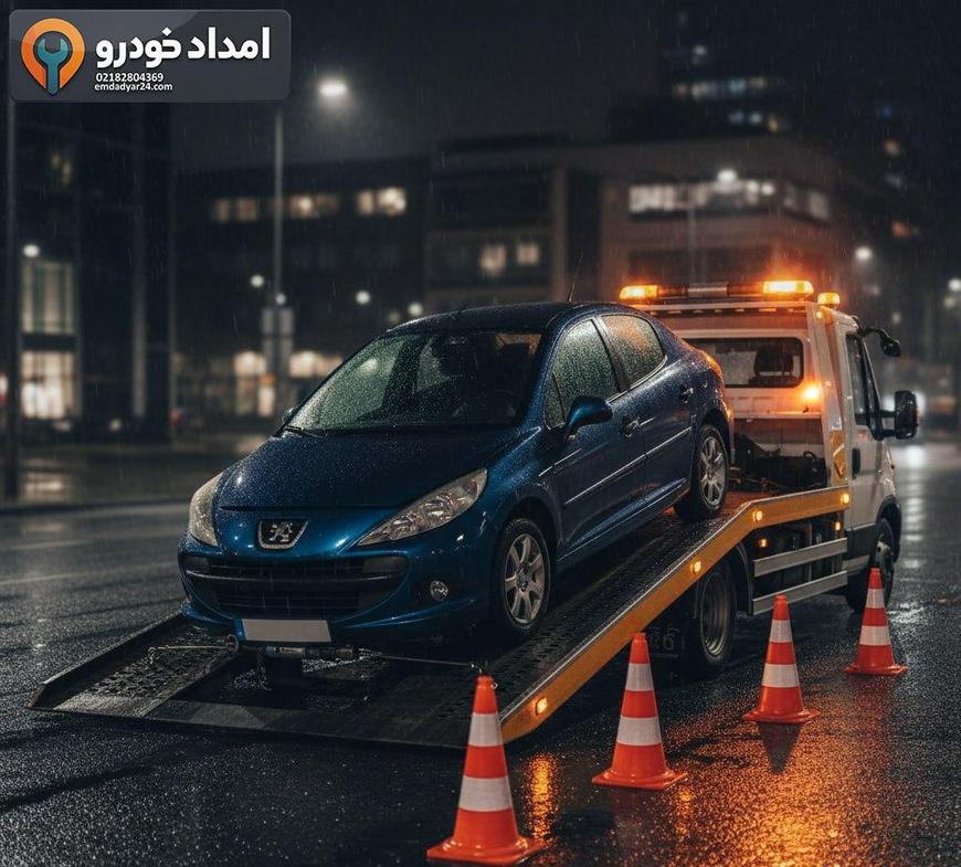 یدک کش کفی در حال بارگیری پژو 207 پس از تصادف سبک