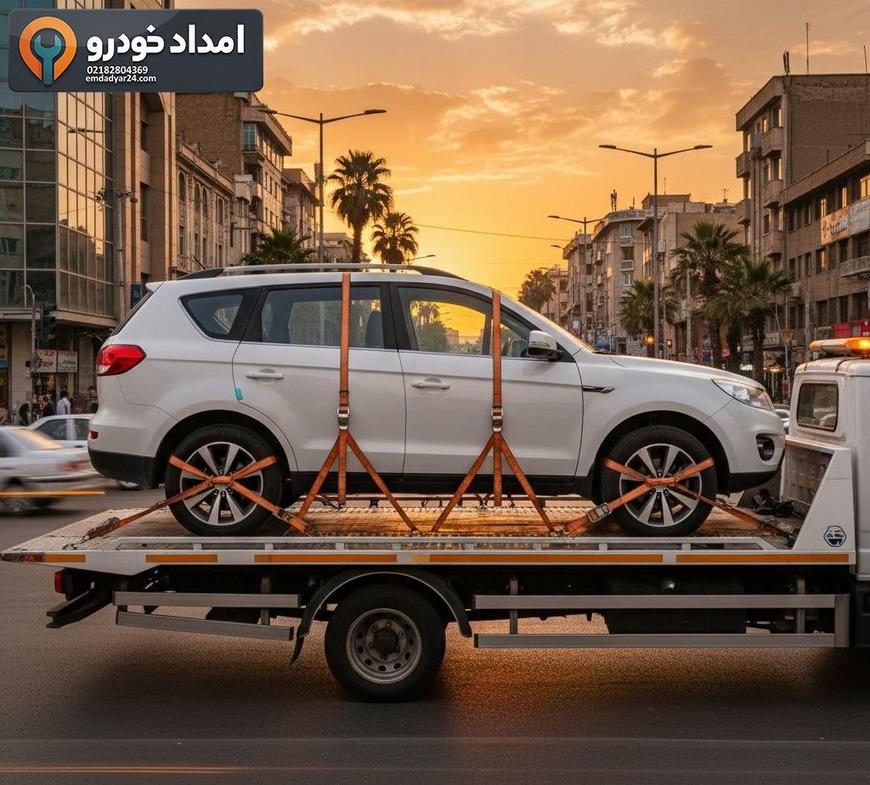 حمل شاسی‌بلند هایما S7 روی کفی‌بر با تسمه‌های ایمنی