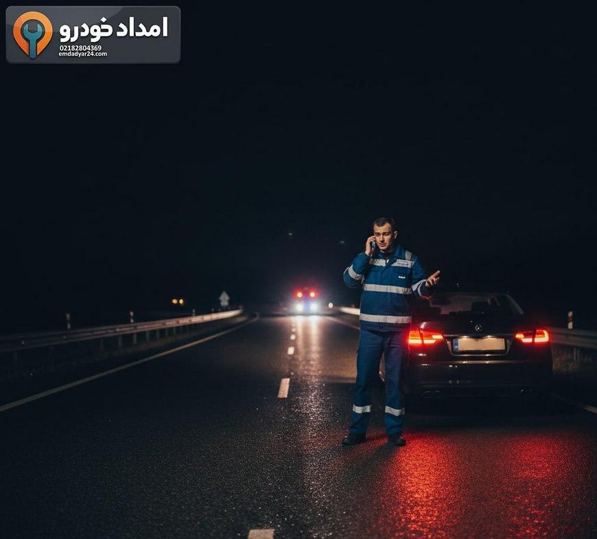 راننده رانا در حال تماس تلفنی با امداد خودرو در کنار بزرگراه