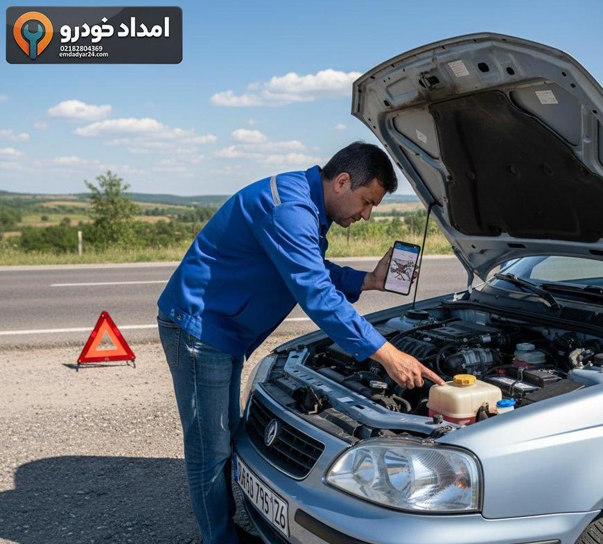راننده سمند در حال بررسی سطح آب رادیاتور با راهنمایی تلفنی امداد