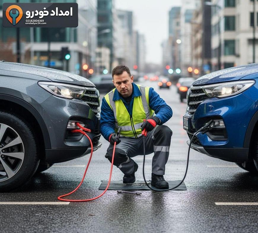 تکنسین در حال اتصال جامپر برای باتری به باتری کی ام سی ایگل