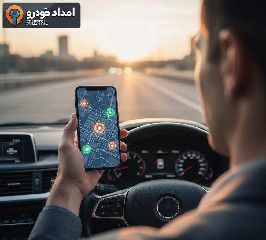 نقشه تهران روی گوشی راننده کی ام سی ایگل با نمایش محدوده پوشش امداد