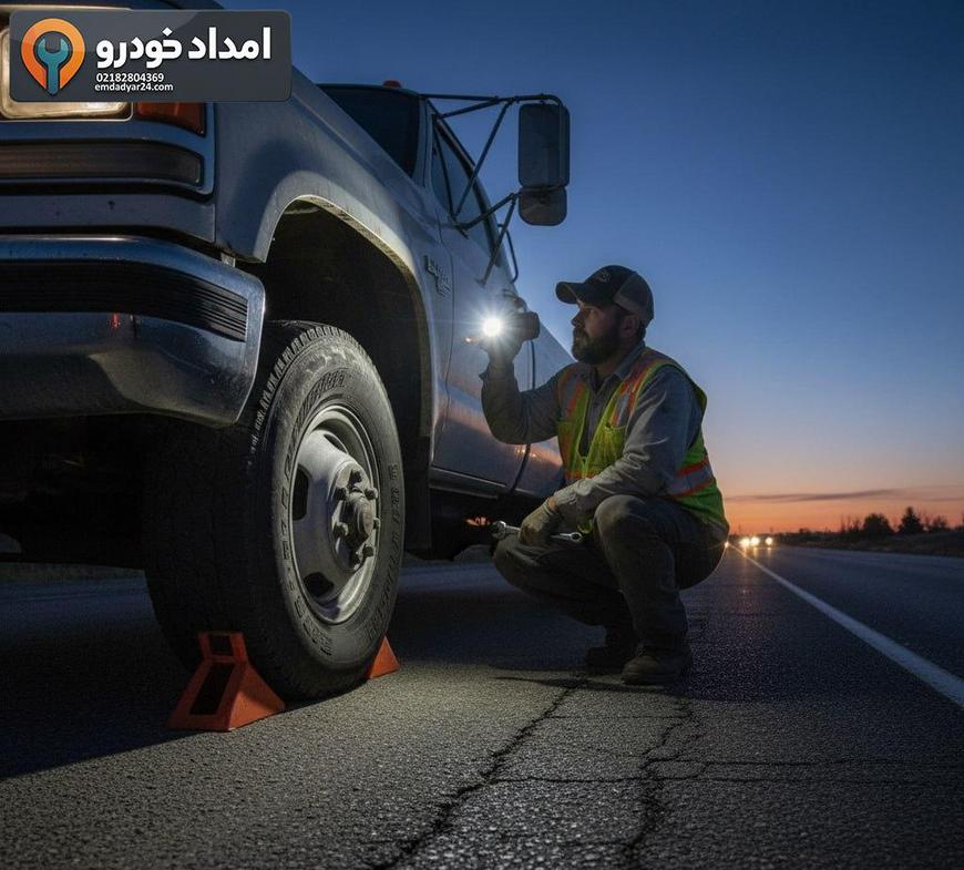 تکنسین در حال بررسی سطح روغن و نشتی زیر KMC T8 در کنار جاده