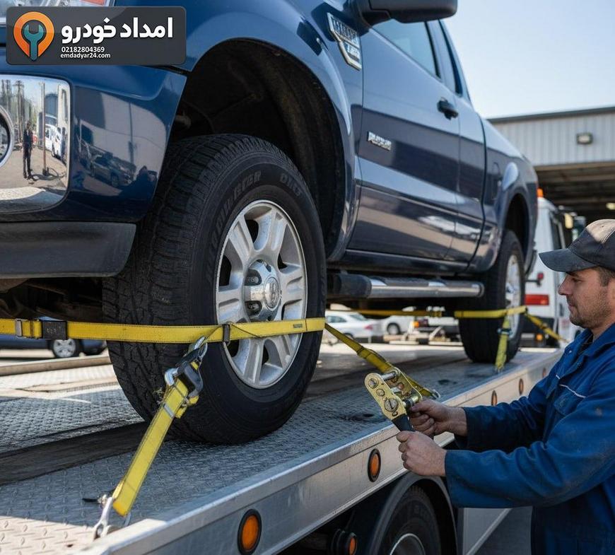 نمای نزدیک از بستن چهار تسمه روی شاسی و چرخ‌های KMC T8 روی کفی