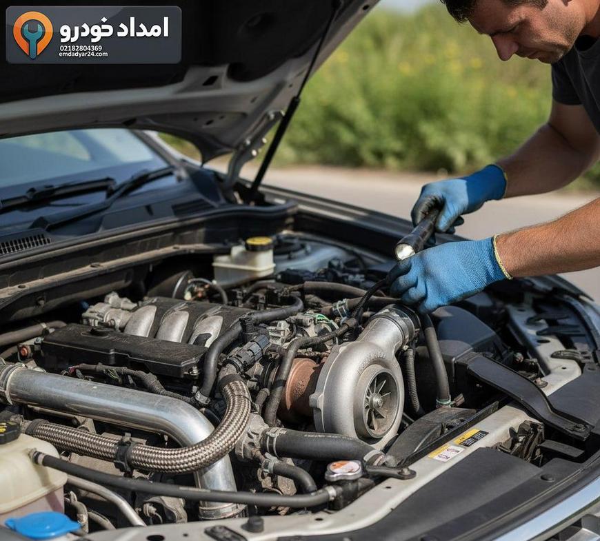 نمای نزدیک از موتور توربوی هایما در حال بررسی توسط امدادگر