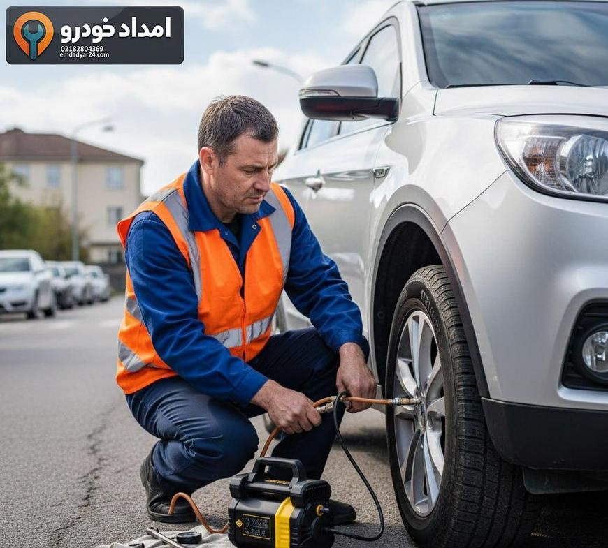 چک کردن لاستیک و پنچری هایما S5 توسط امدادگر