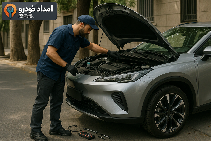 امدادگر در حال بررسی موتور لاماری اکو در محل خرابی