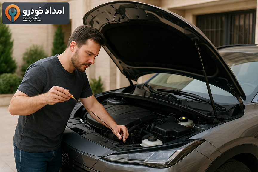 راننده لاماری هیرکانی در حال بررسی سطح روغن و آب قبل از سفر