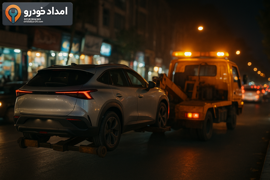 یدک کش چرخ‌گیر در حال حمل لاماری در خیابان شلوغ تهران