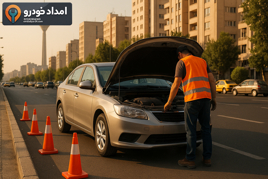 خودرویی در ترافیک تهران با کاپوت باز و بررسی ایمن کولر کنار خیابان