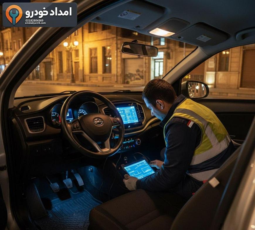 کارشناس امدادیار۲۴ در حال عیب‌یابی موتور جک S3 با دستگاه دیاگ در محل