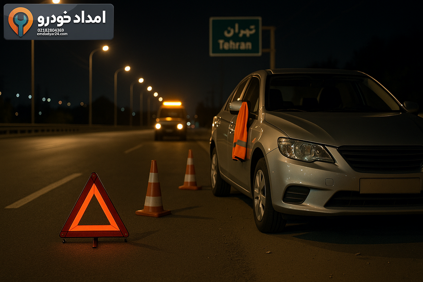 خودروی متوقف با بوی بنزین و مثلث خطر در کنار خیابان تهران