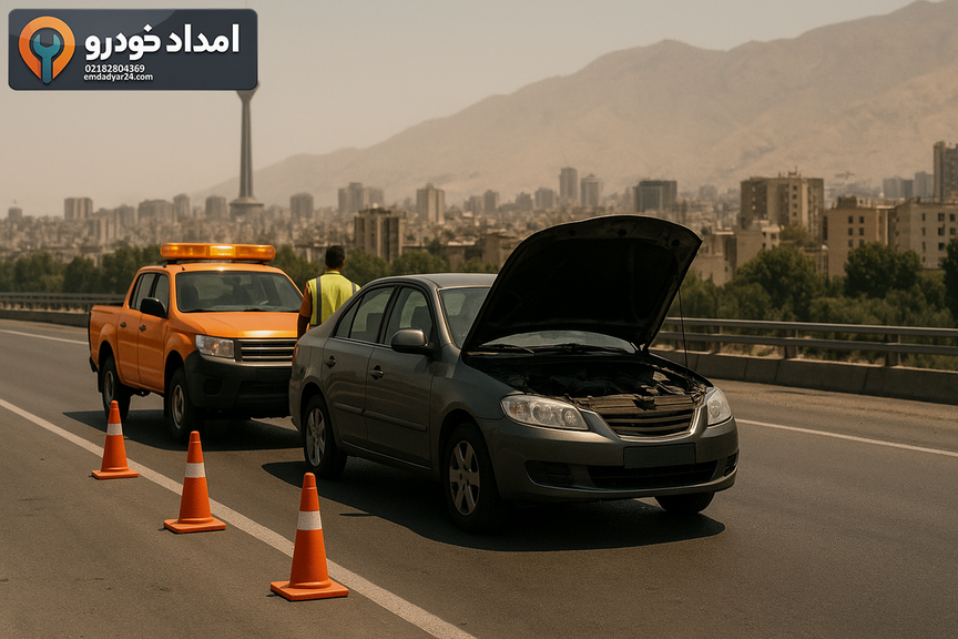 خودرو در شانه بزرگراه تهران با آمپر بالا و امدادگر با تجهیزات ایمنی