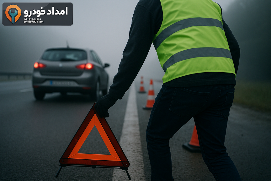 قرار دادن مثلث خطر با فاصله مناسب در شانه آزادراه برای ایمنی