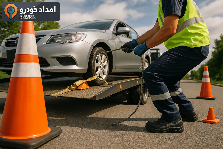بارگیری خودرو روی کفی‌بر در حاشیه آزادراه با مهار کامل