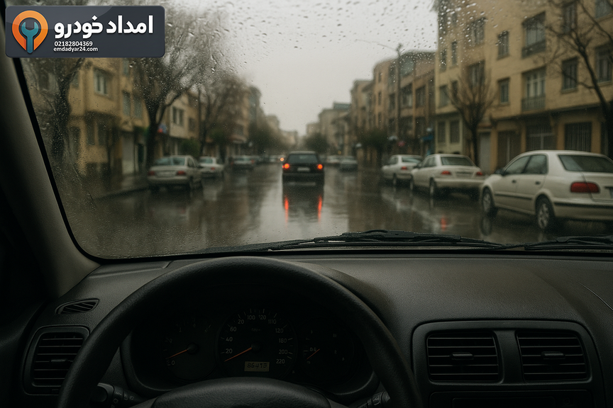 شیشه جلوی بخارگرفته خودرو در خیابان بارانی
