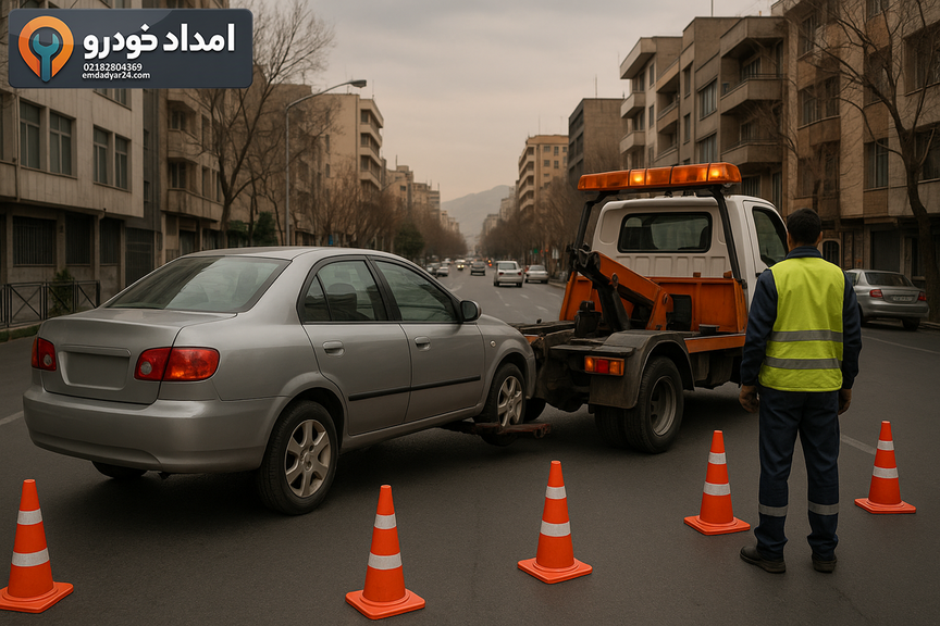 یدک‌کش چرخ‌گیر در خیابان شهری تهران با علائم ایمنی و امدادگر با جلیقه شبرنگ