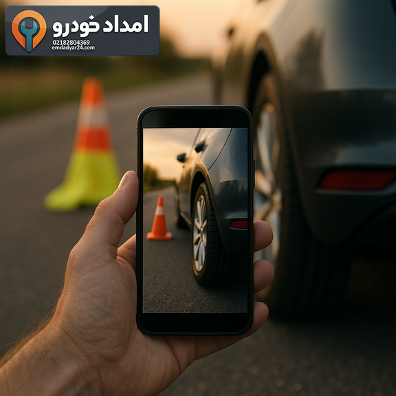 عکس گرفتن از وضعیت خودرو قبل از حمل با گوشی در کنار جاده
