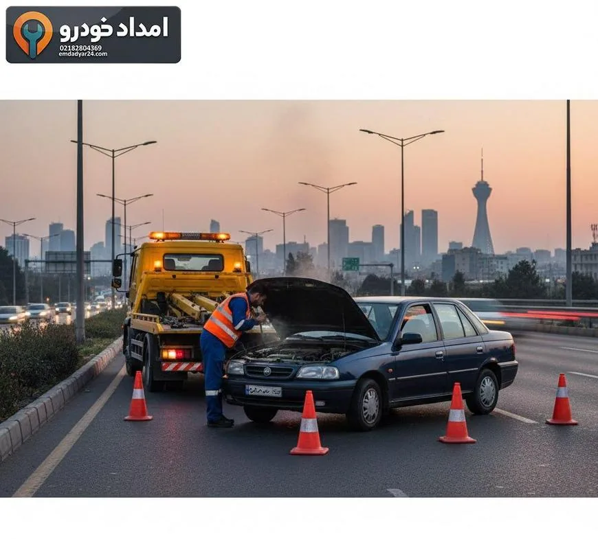 تصویر تزئینی امداد خودرو کنار خودروی متوقف‌شده در تهران